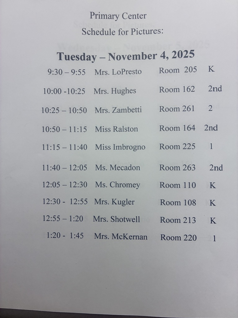 A printed schedule for Pittston Primary picture day listing teacher names, classroom numbers, and specific times for each class.