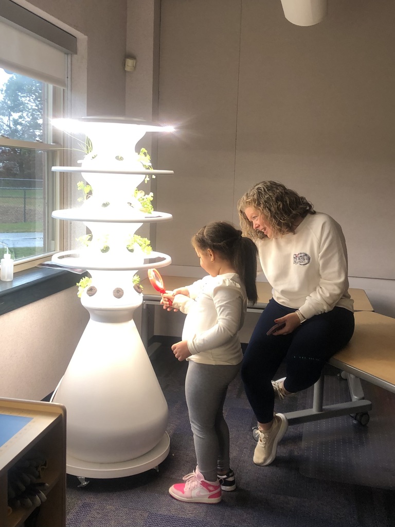A girl and teacher looking at hydroponic farmstand with magnifying glass.