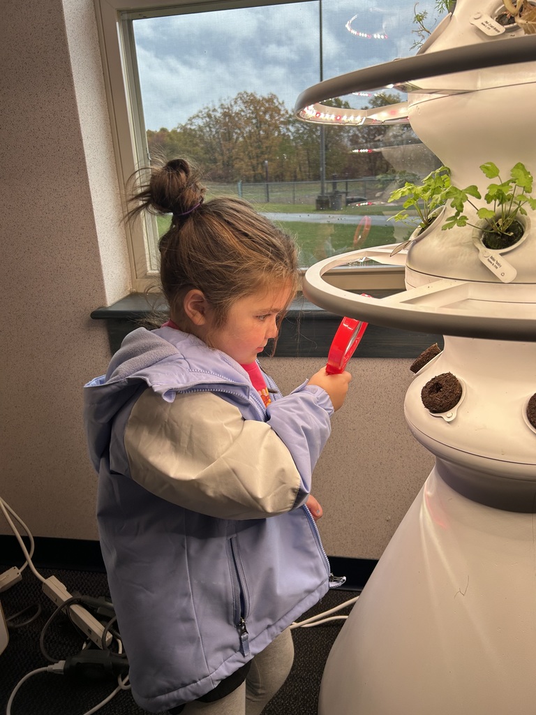 A girl looking at a seedling with magnifying glass.