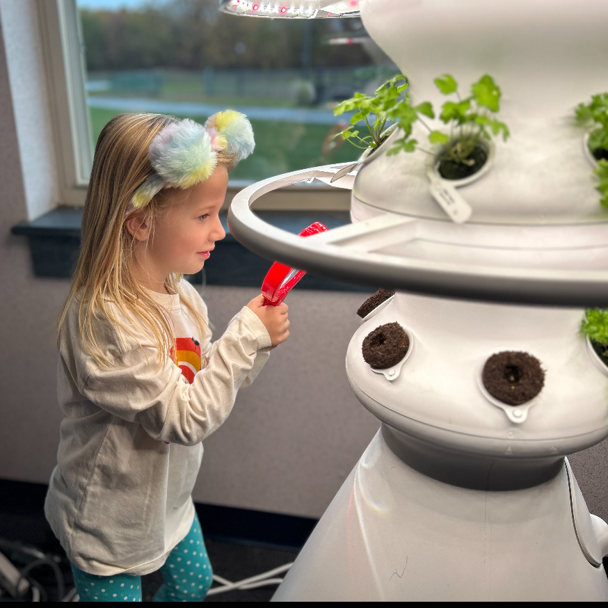 A girl looking at a seedling with a magnifying glass.