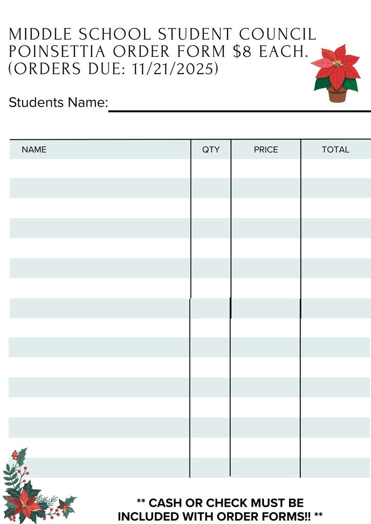 Student Council Poinsettia Sale order form