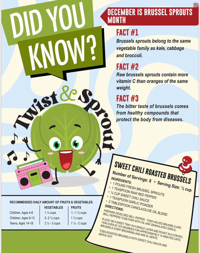 Graphic with brussel sprout facts and recipes for kids