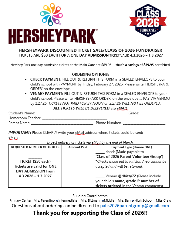 Class of 2026 Hershey Park Fundraiser
