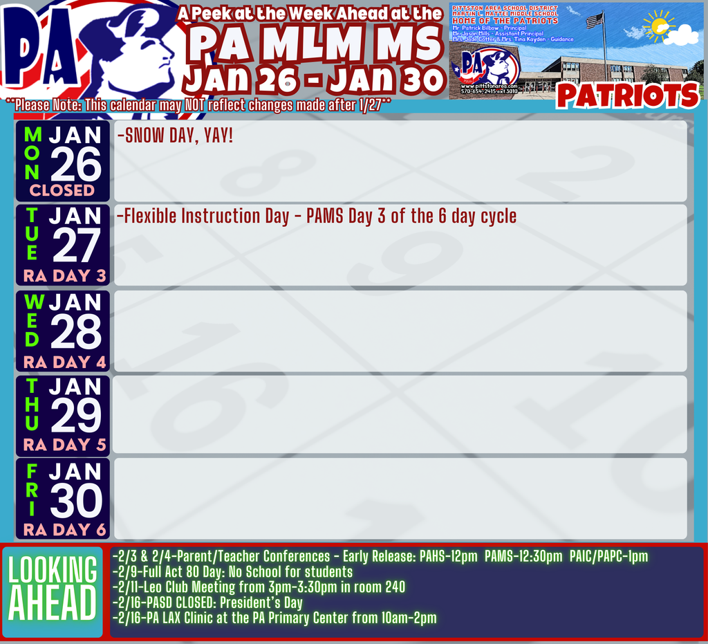 Updated (1/27)... A Peek at the Week Ahead at the PAMS....