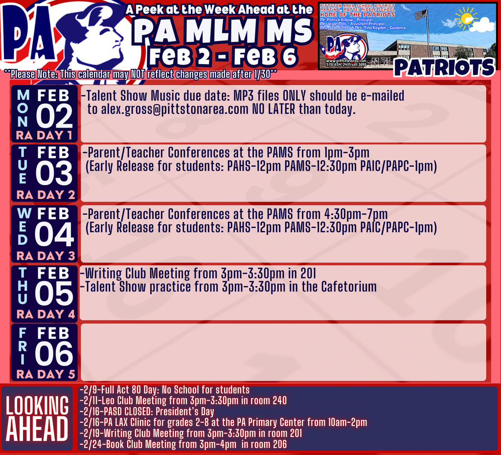 A Peek at the Week Ahead at the PAMS for 2/2...
