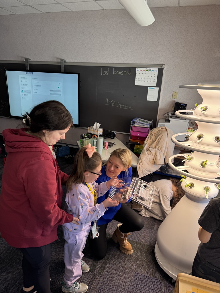 Students and a teacher planting seedlings in a white hydroponic farm stand.