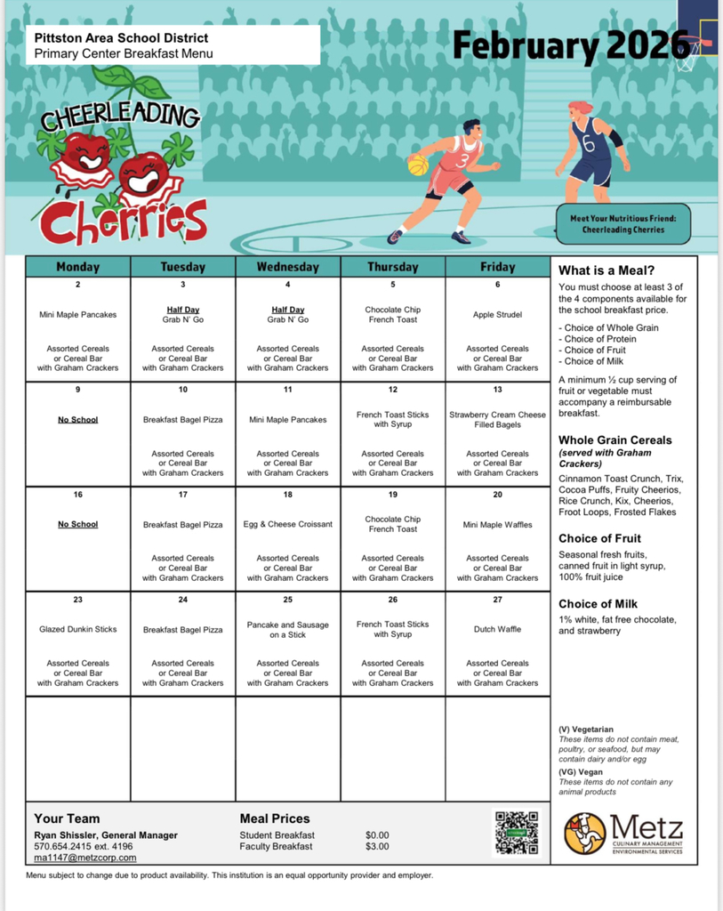 Breakfast menu calendar for February