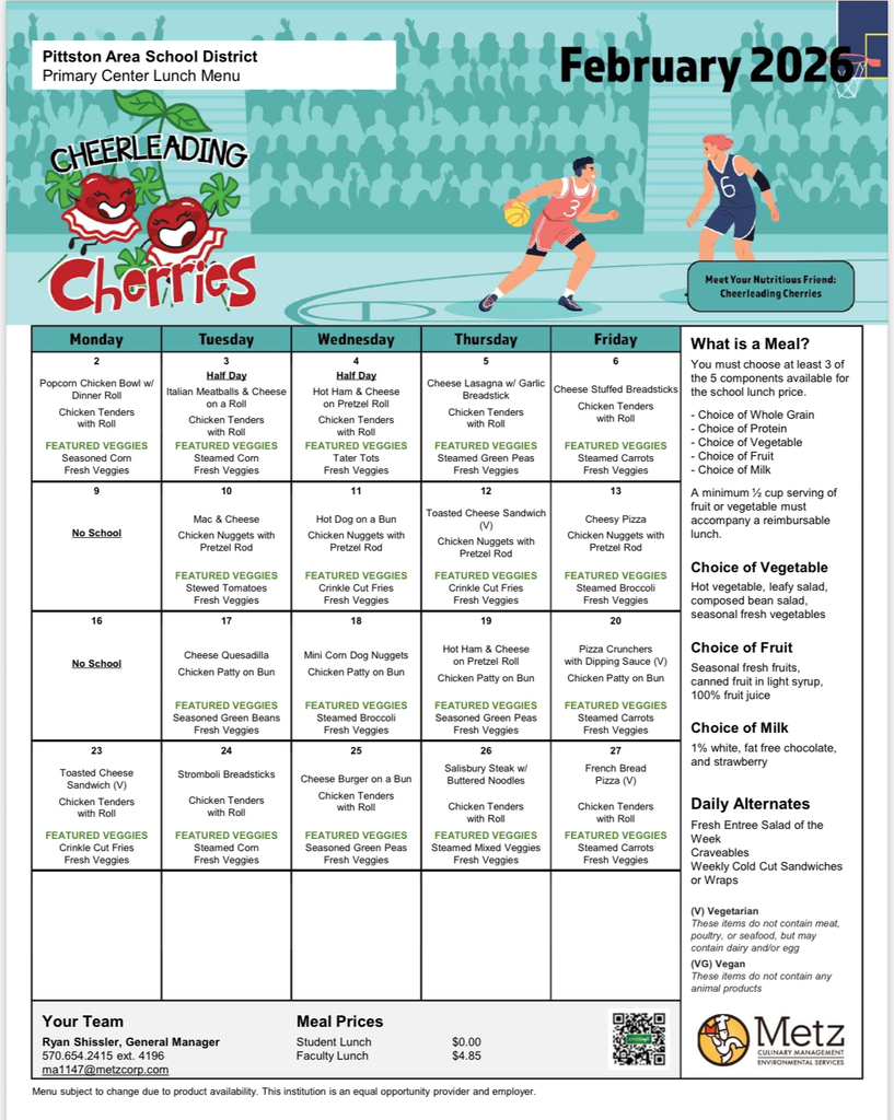 Lunch menu calendar for February