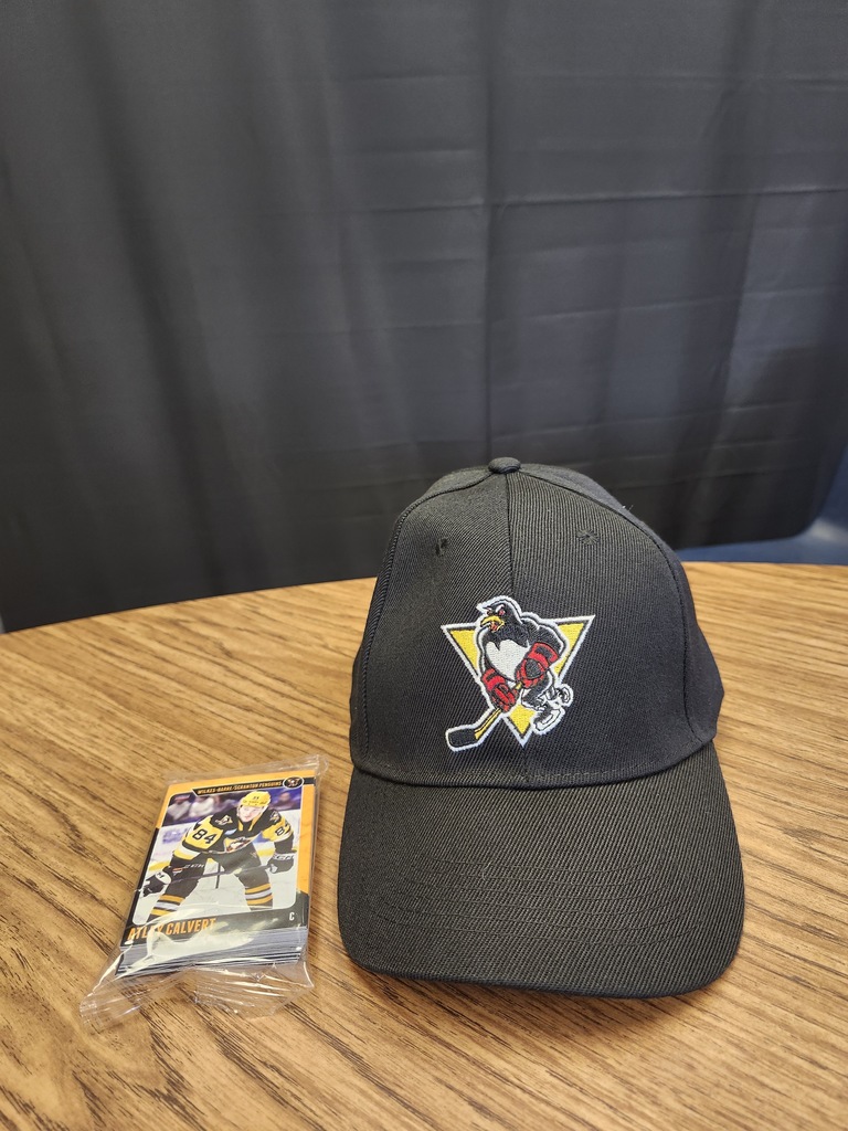 Penguin’s hockey hat and player cards on a wooden table.