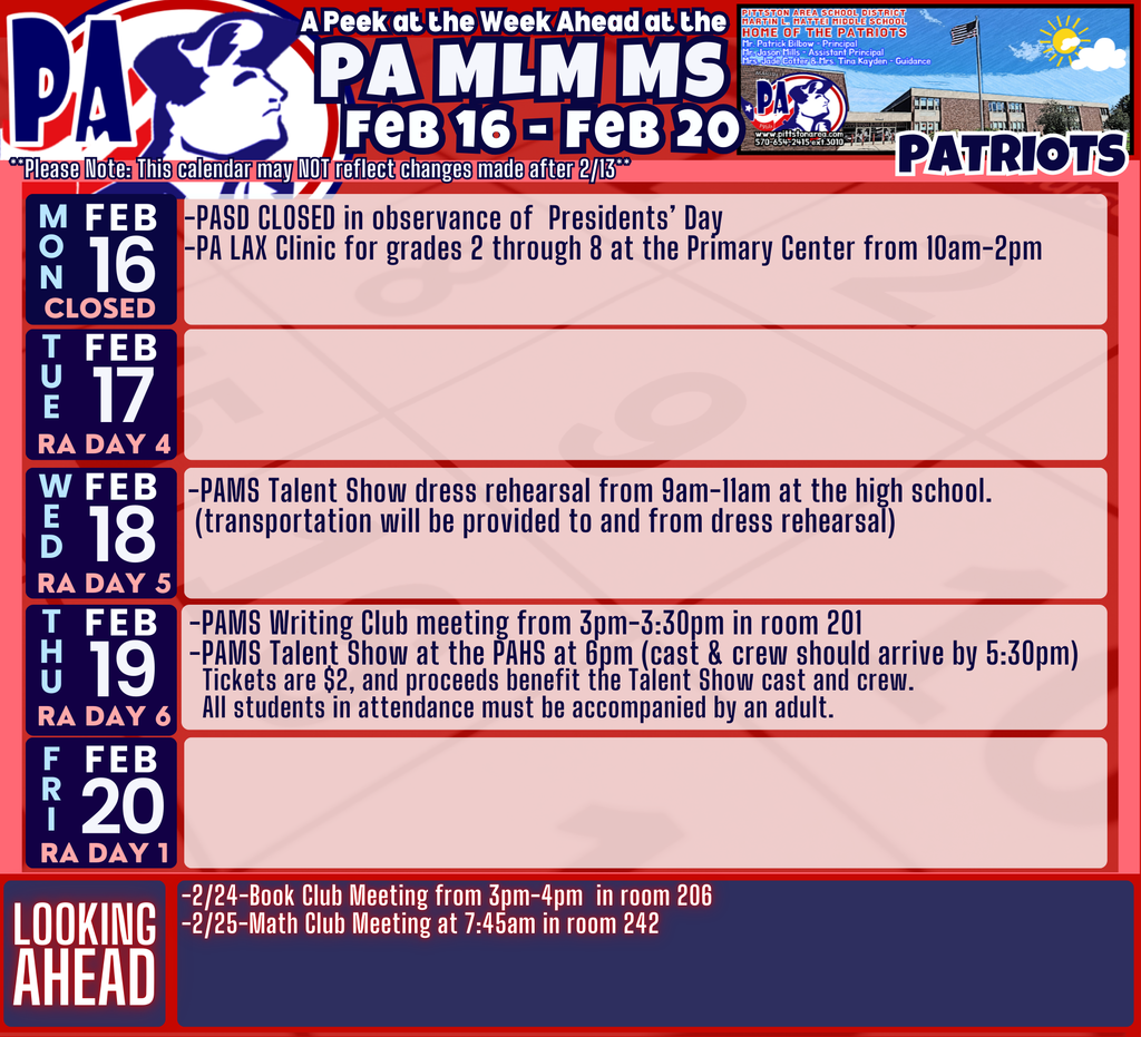 A Peek at the Week Ahead at the PAMS... 2/16