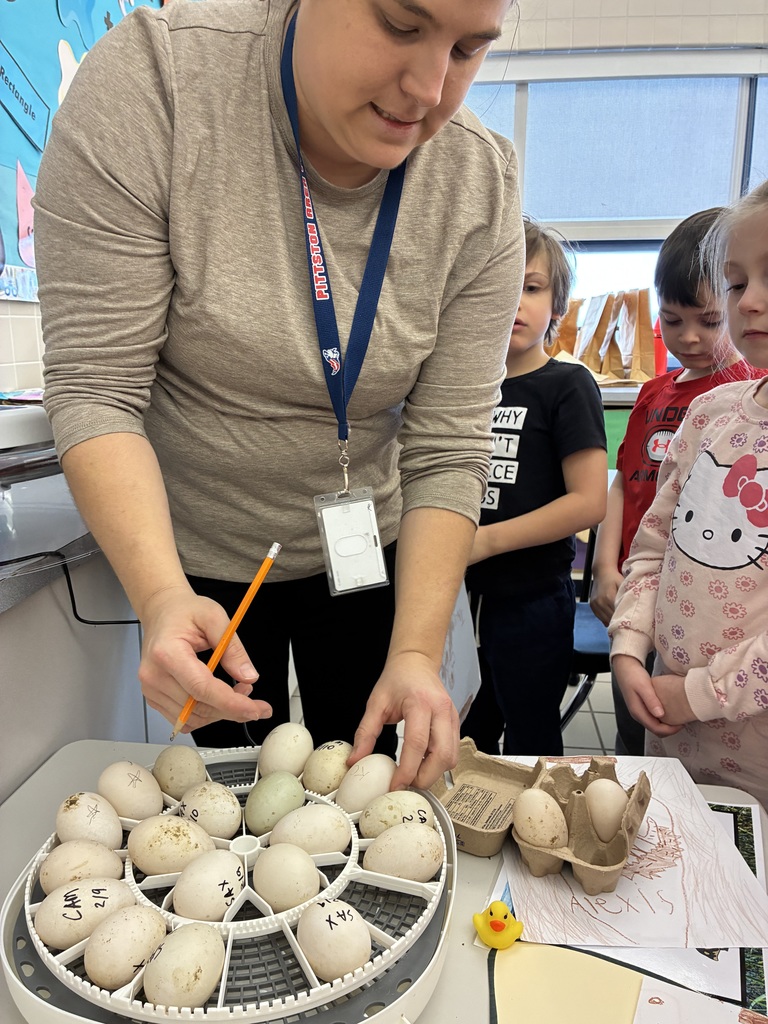 Duck eggs in an incubator a teacher and three kids in a classroom. 