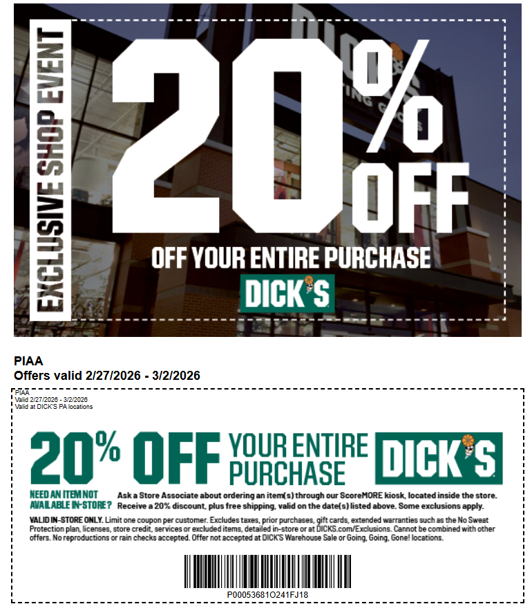 20% off Dicks Sporting Goods