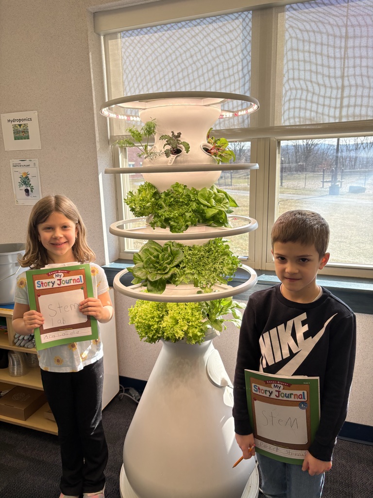 Students posing near hydroponic farm stand with lettuce growth and journals. 