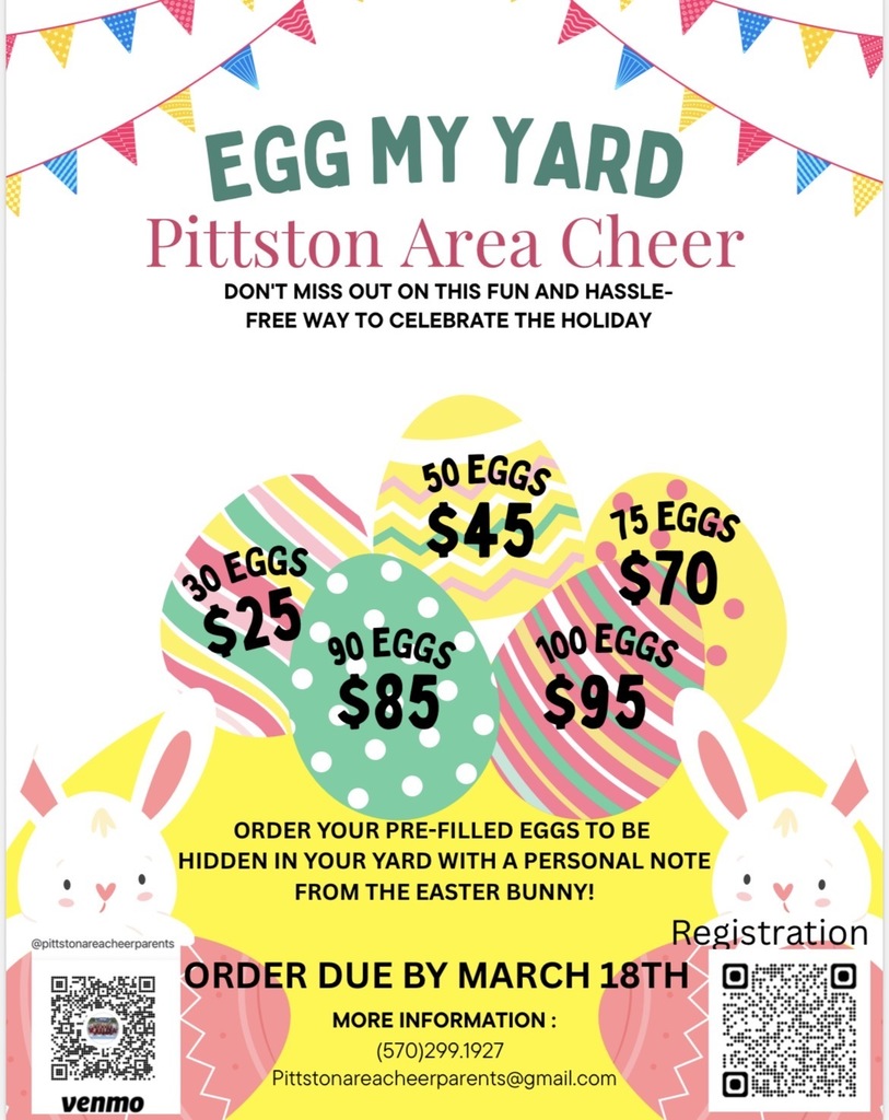 Flyer for egg my yard cheer fundraiser 🐰🥚 Pittston Area Cheer is hosting Egg My Yard—a fun and hassle-free way to celebrate the holiday! Choose from 30 eggs for $25, 50 eggs for $45, 90 eggs for $85, or 100 eggs for $95, and have pre-filled eggs hidden in your yard with a personal note from the Easter Bunny—order by March 18th using the link below. 👉 Register here: https://docs.google.com/forms/d/1YBa7xu8bm2IPtAGFJqFxGqVHyj3EiILn3Yw0Wvrae-8/edit 📧 Pittstonareacheerparents@gmail.com | 📞 (570) 299-1927 | @pittstonareacheerparents