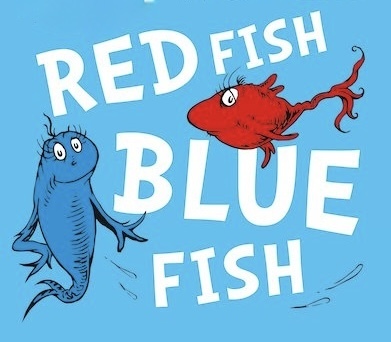 Red fish blue fish text with dr seuss style fish on a light blue background