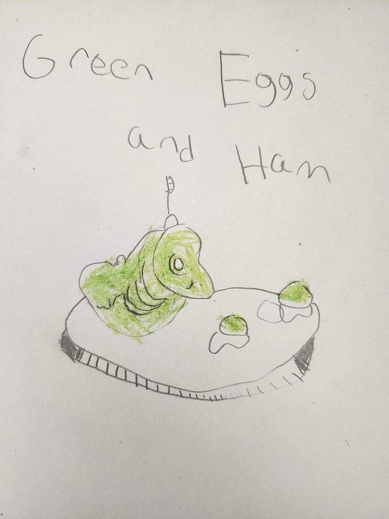 Green eggs and ham and drawing on white paper