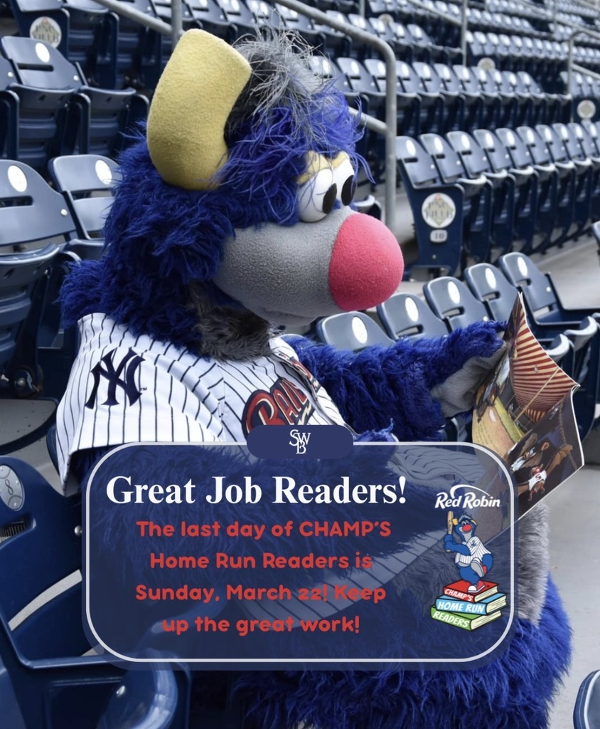 A photo of the railrider’s blue mascot champ in a basball stadium seating with text great job readers