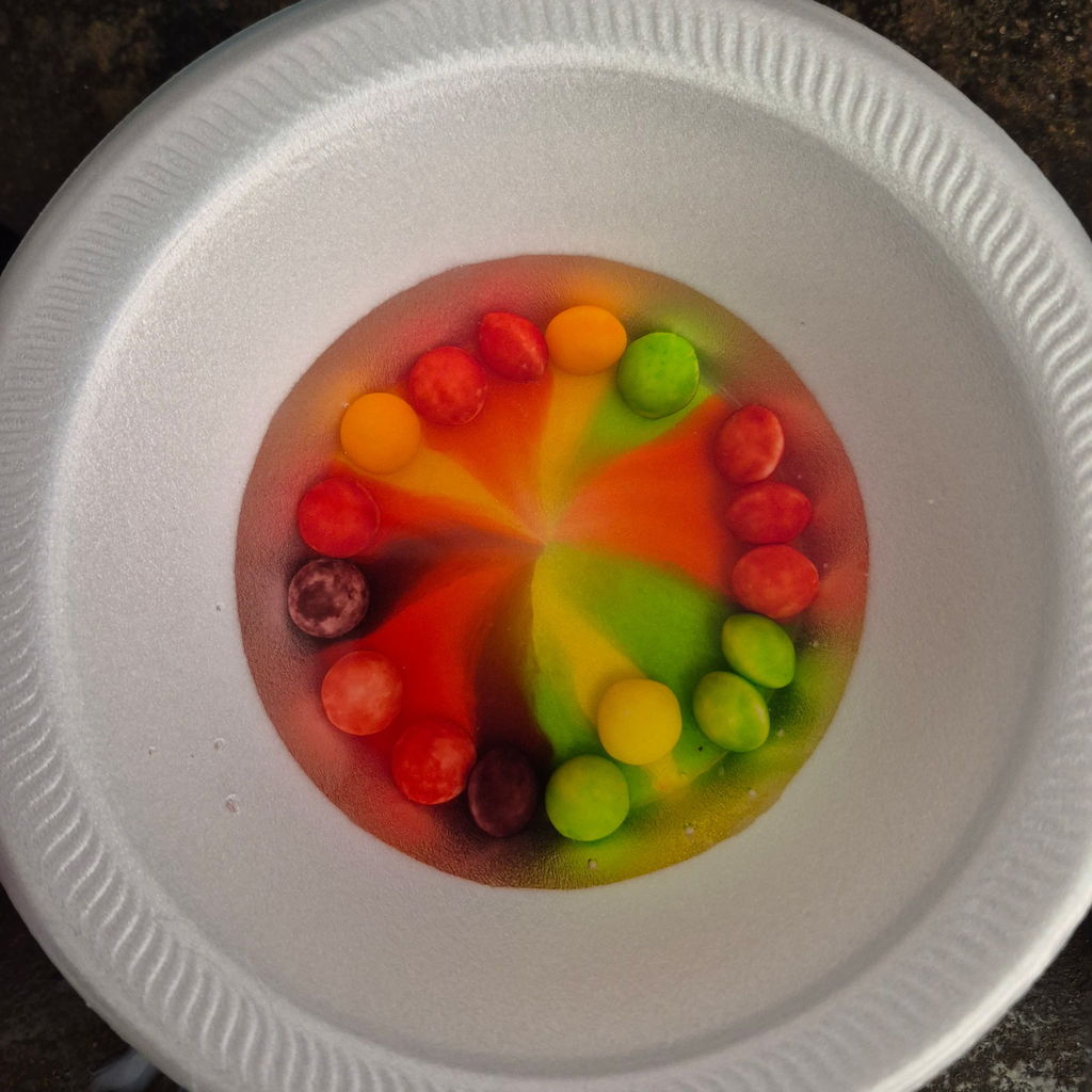 Skittle rainbow experiment in a bowl.
