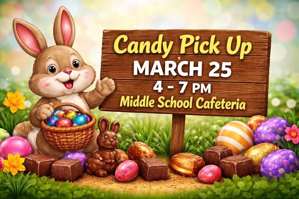 Flyer with easter bunny graphic holding a basic surrounded by chocolate, next to a image of a wooden sign that says candy pick upmarch 25 4-7 pm middle school cafeteria 