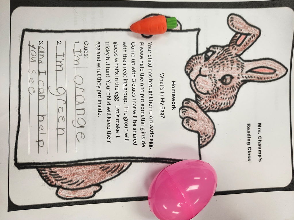 A plastic egg with student writing of three clues of what is inside. 