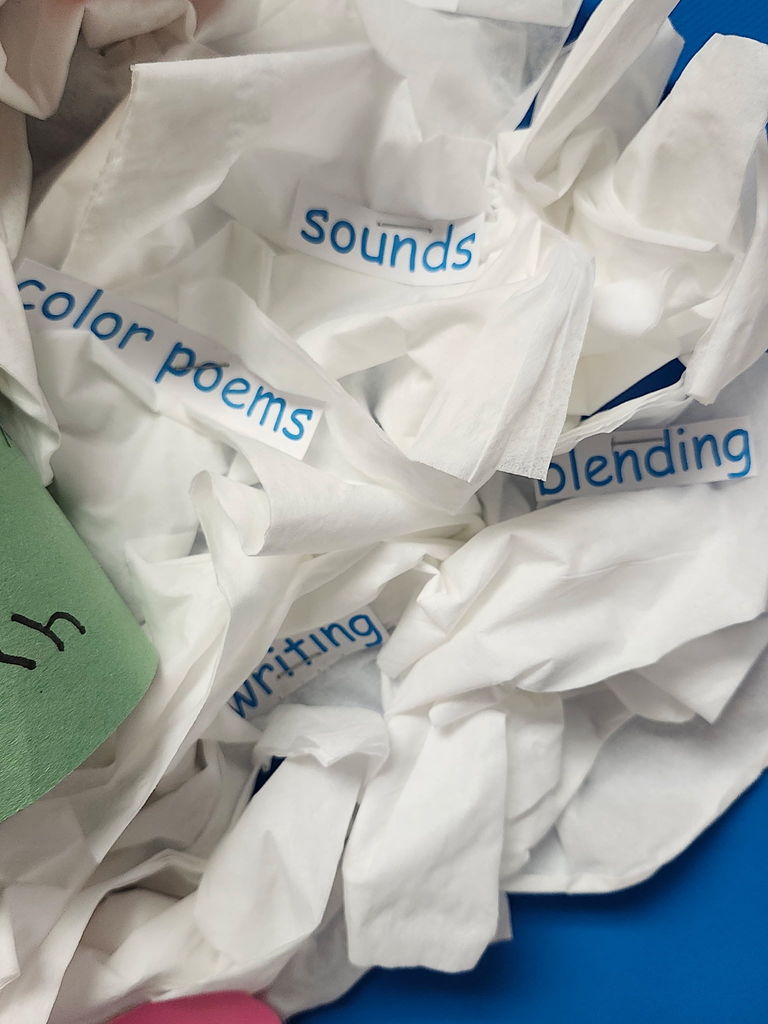 Cloud with blue words related to communicating and reading. 