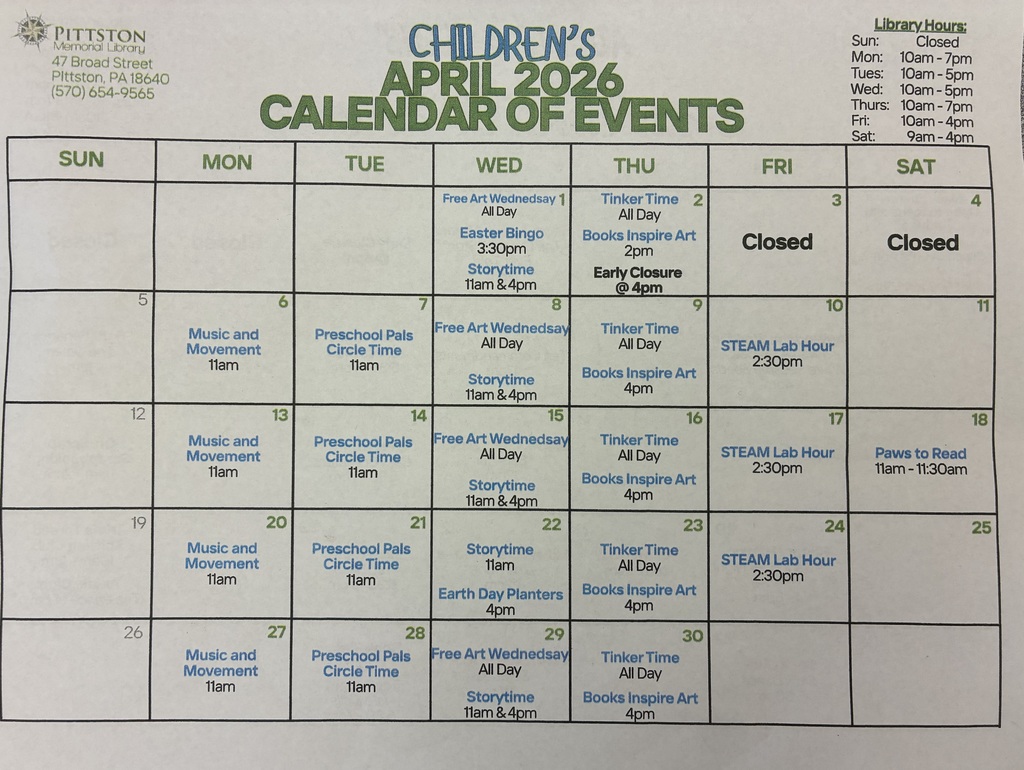 Children’s library calendar of events 