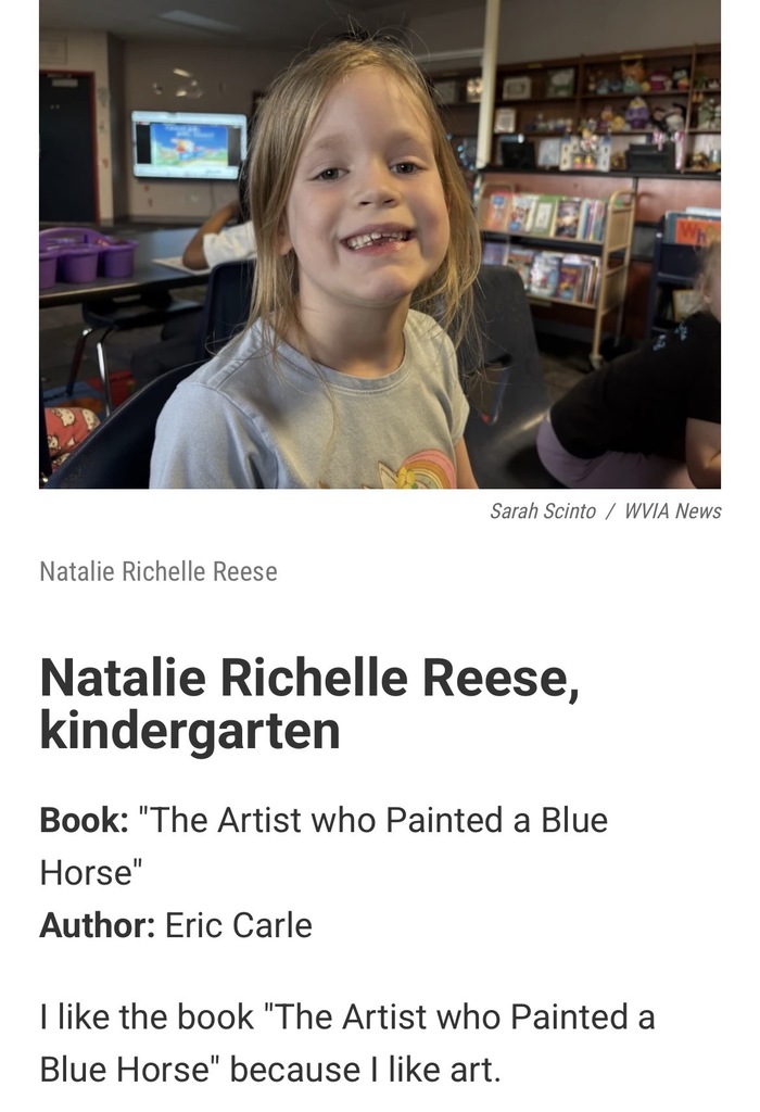 A screenshot of the wvia website with a picture of a member of Mrs. Luvender’s kindergarten class and a quote of their favorite book recommendation. 