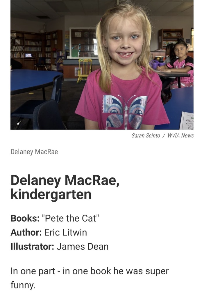 A screenshot of the wvia website with a picture of a member of Mrs. Luvender’s kindergarten class and a quote of their favorite book recommendation. 