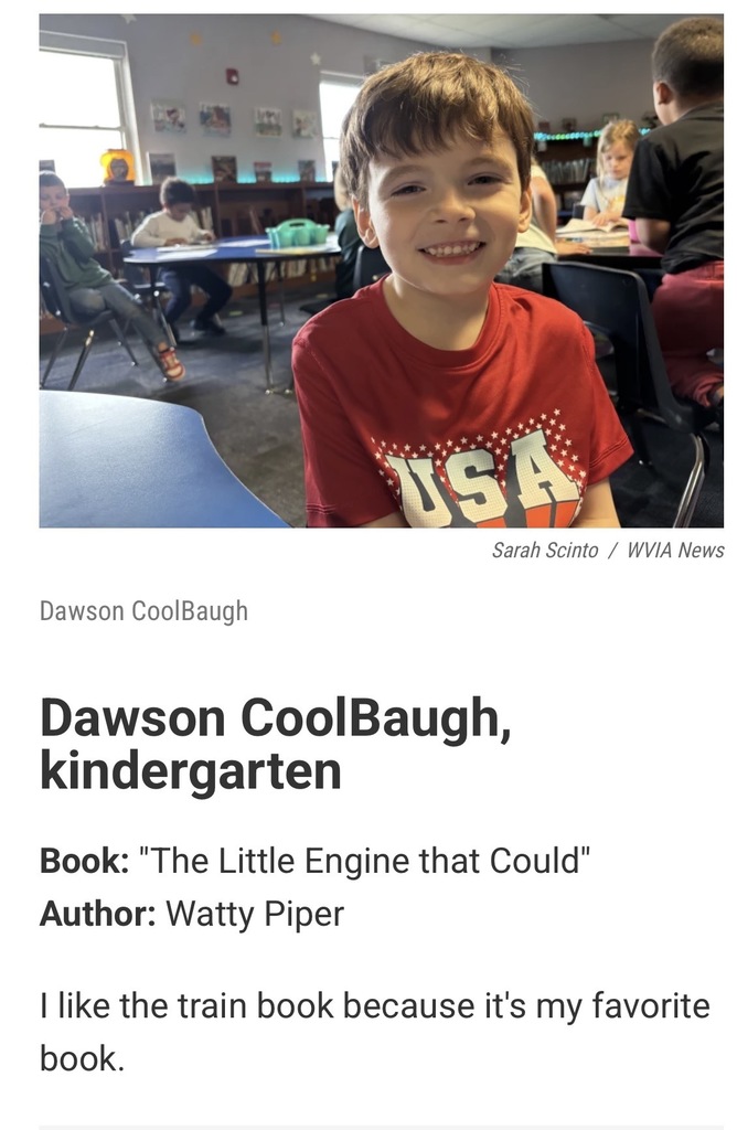 A screenshot of the wvia website with a picture of a member of Mrs. Luvender’s kindergarten class and a quote of their favorite book recommendation. 