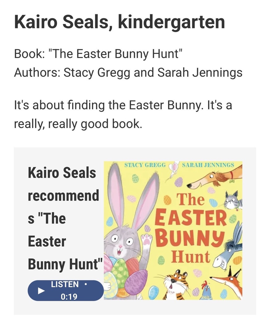 A screenshot of the wvia website with a picture of a member of Mrs. Luvender’s kindergarten class and a quote of their favorite book recommendation. 