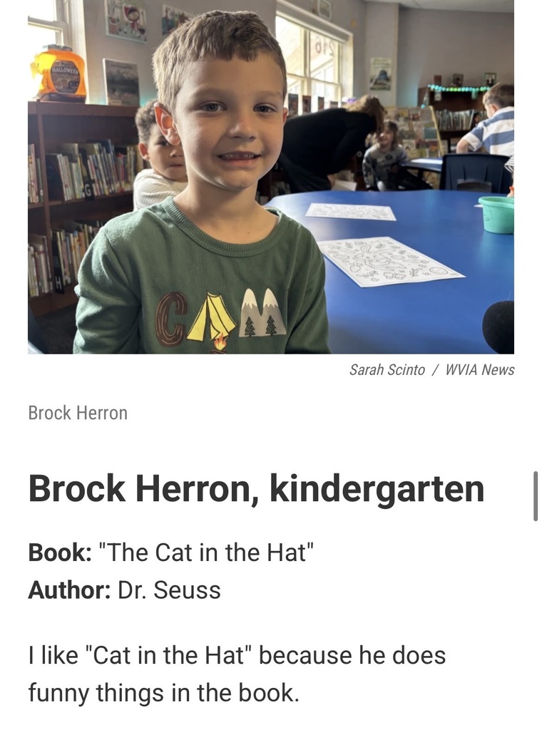 A screenshot of the wvia website with a picture of a member of Mrs. Luvender’s kindergarten class and a quote of their favorite book recommendation. 