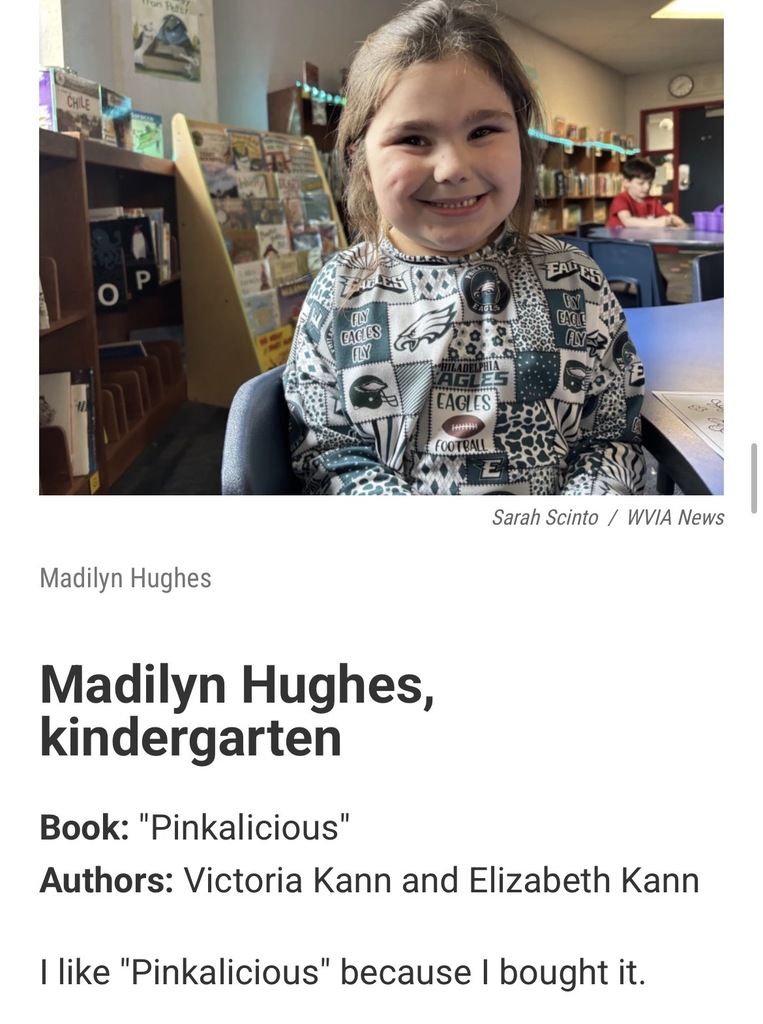 A screenshot of the wvia website with a picture of a member of Mrs. Luvender’s kindergarten class and a quote of their favorite book recommendation. 