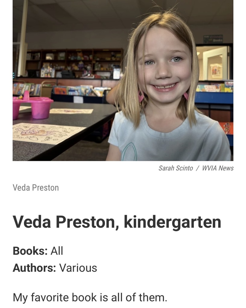 A screenshot of the wvia website with a picture of a member of Mrs. Luvender’s kindergarten class and a quote of their favorite book recommendation. 
