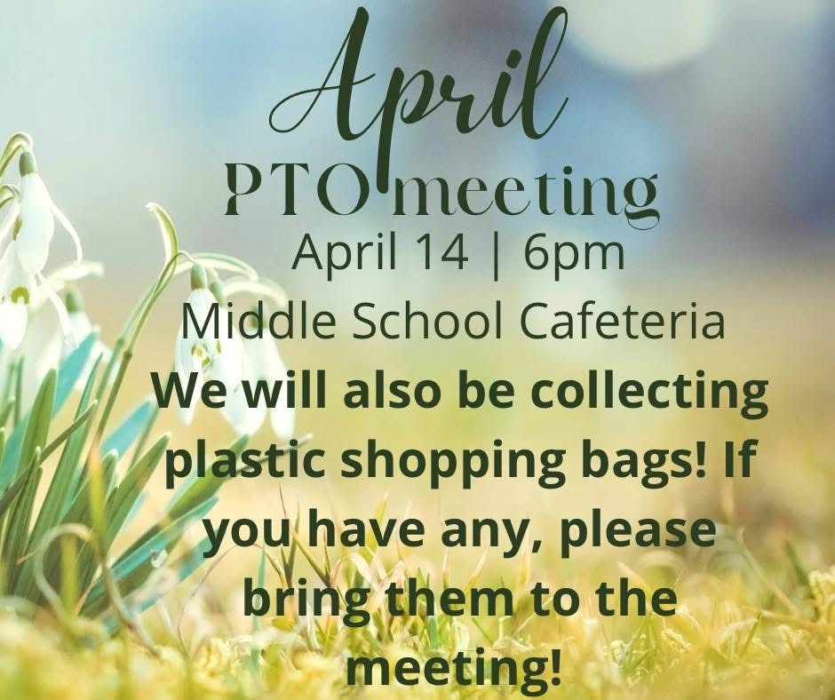 Graphic of green grass with green letters There is a PTO meeting tomorrow Tuesday, April 14th at 6pm in the middle school cafeteria. Also, any 5th grade parent that has any donations (gift cards, raffle baskets, etc) to please drop off at 6pm at our meeting at the middle school cafeteria. 