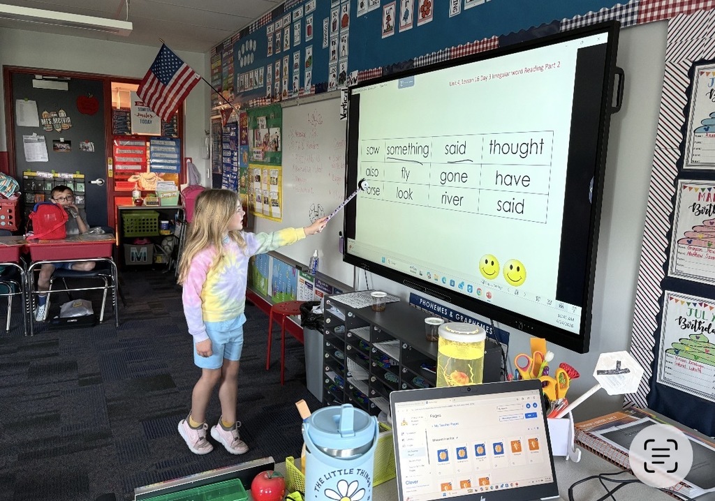 A  child working as a teacher on bring your kid to work day. 