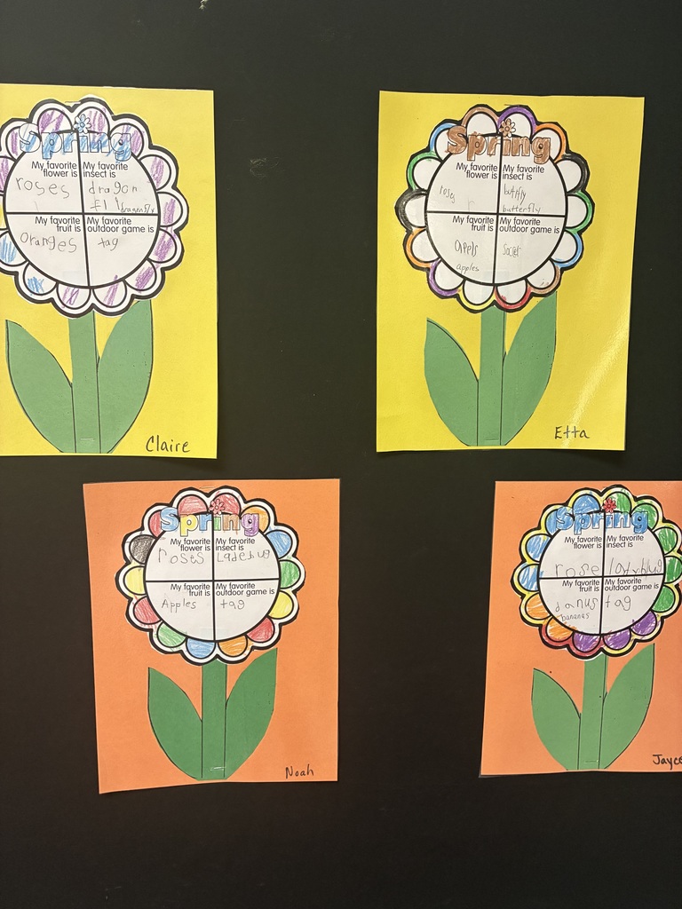 A spring bulletin board with student writing.