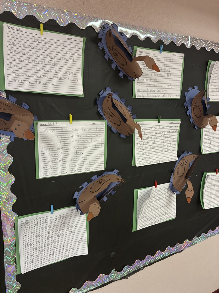 A spring bulletin board with student writing.