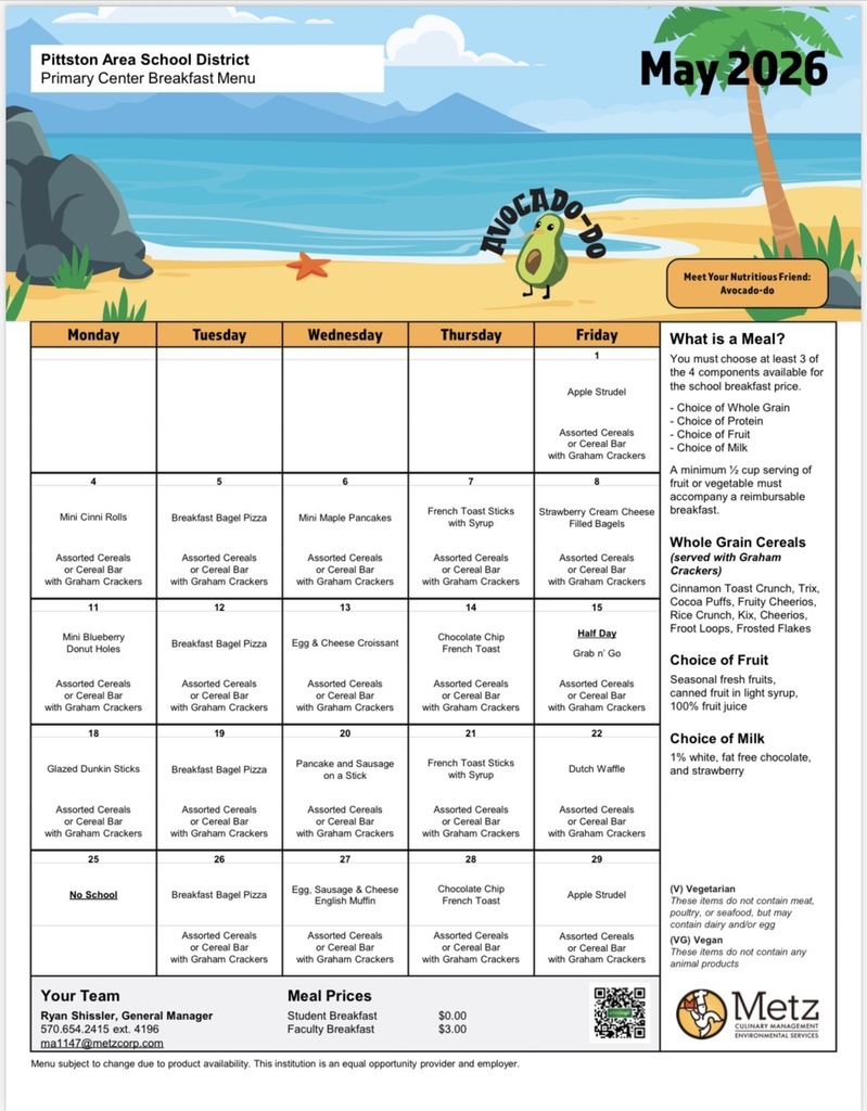Cafeteria menu for may 
