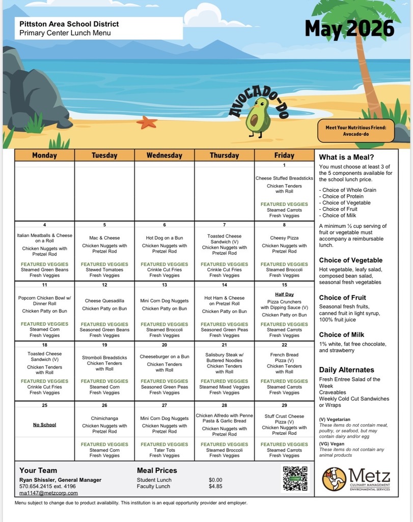 Cafeteria menu for may 