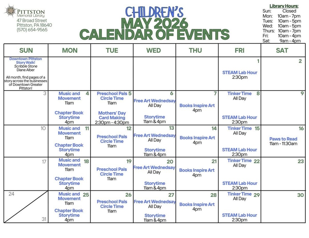 May library calendar of events- pittston library