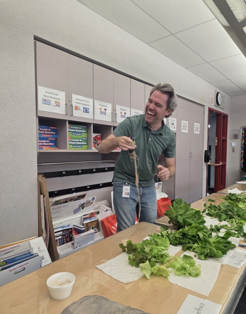 Students and teachers in the stem lab with hydroponic farm stands with lettuce and  flowers 