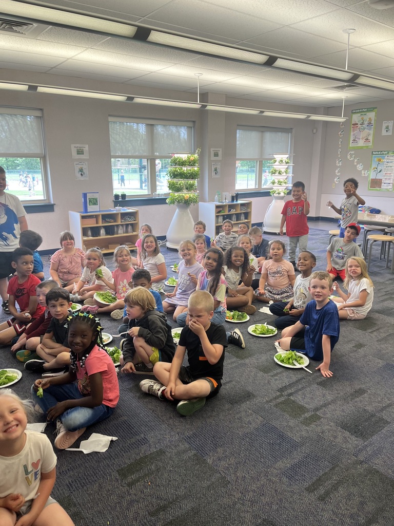 Students and teachers in the stem lab with hydroponic farm stands with lettuce and  flowers 