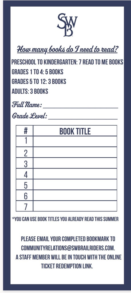 Rail riders summer reading flyer The RailRiders Summer Reading Program Redeemablefor Gameson: August4 August18 August19 September 1 September 15 Pleasefillout thereadinglogontheback Triple-A Affiliate of the For all ages! # Book Title 1 2 3 4 5 6 7 Preschoolto kindergarten:7 read to me books Grades1to4:5 books Grades5to12:3 books Adults:3 books How manybooks doI need toread? Full Name: _____________ GradeLevel: ____________ Pleaseemailyour completed bookmark to communityrelations@swbrailriders.com. A staff member will bein touch with theonline ticket redemption link.