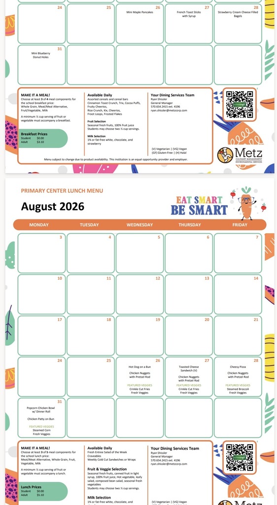 August breakfast and lunch menu