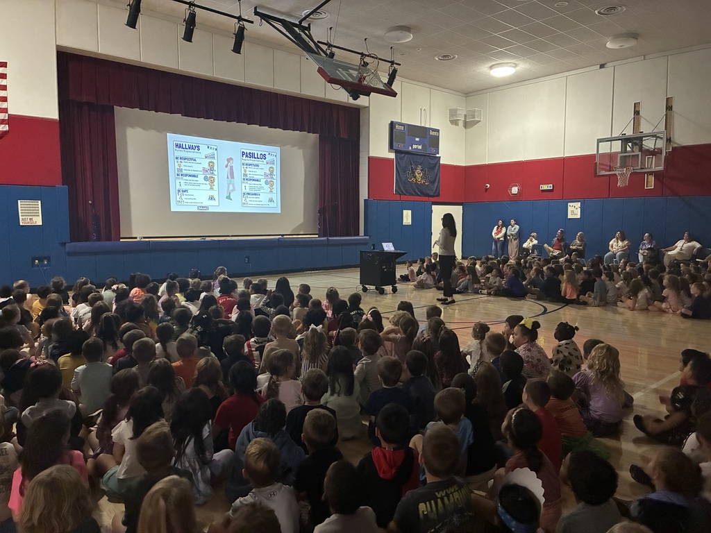 Students in the gym at a star assembly