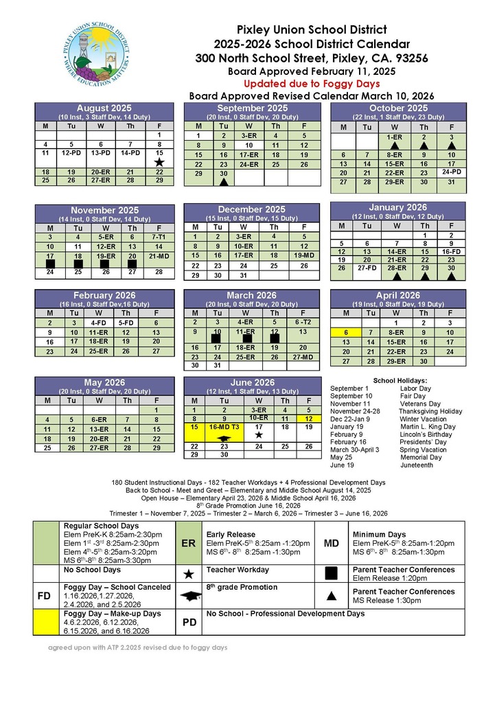 Revised 2025-2026 Calendar Board Approved 3.2026