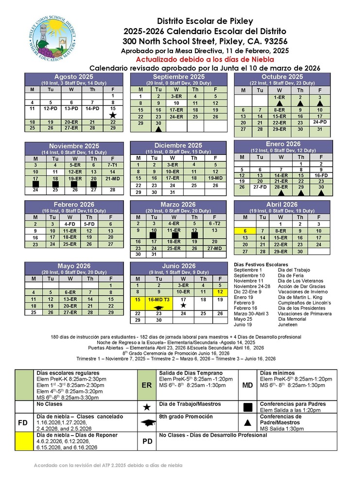 Calendario Revisado 2025-2026 Aprobado por la Junta Directiva 3.2026