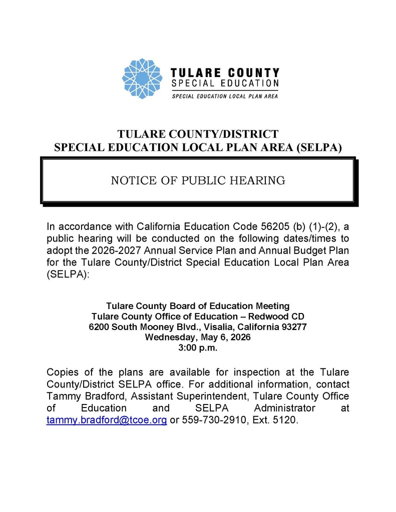 TULARE COUNTY/DISTRICT SPECIAL EDUCATION LOCAL PLAN AREA (SELPA)