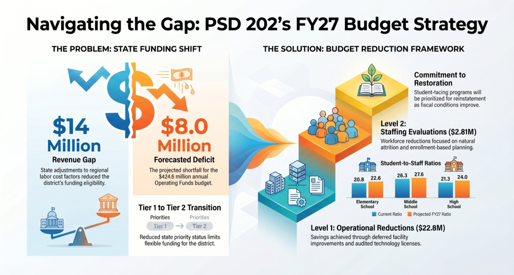 District 202 graphic showing FY27 budget strategy