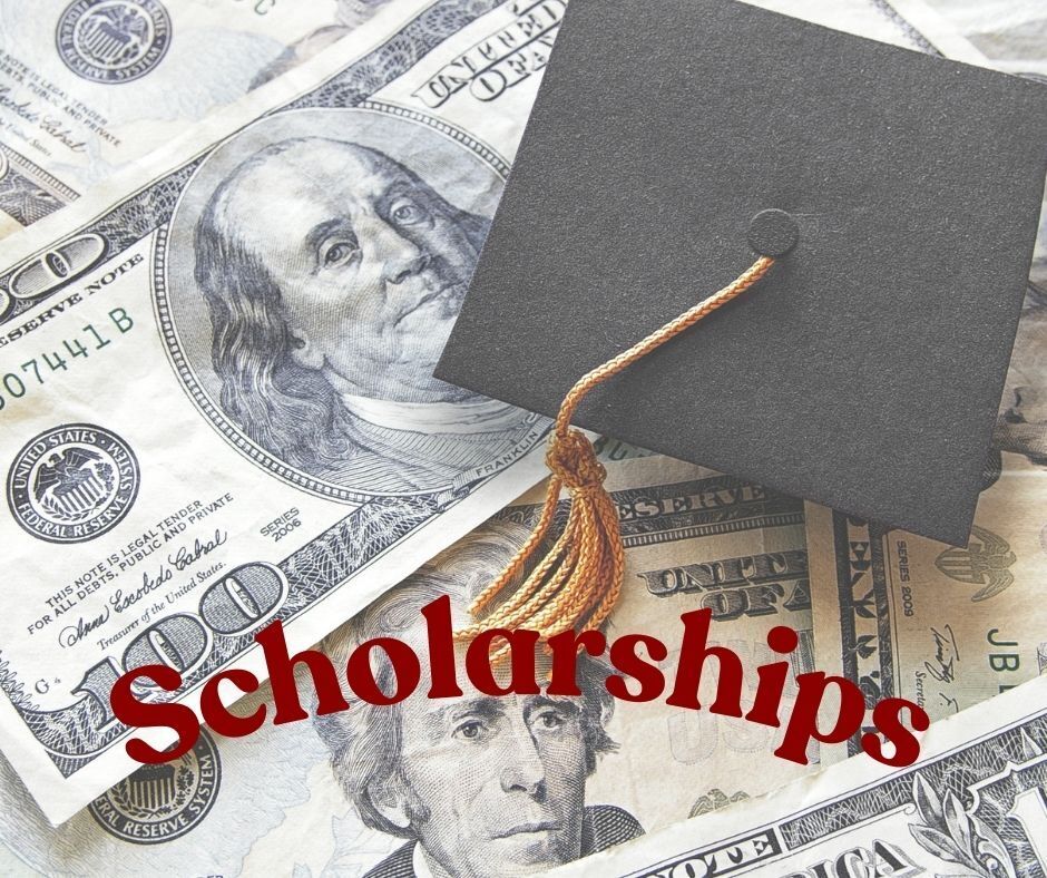 scholarships text with money and cap in the background